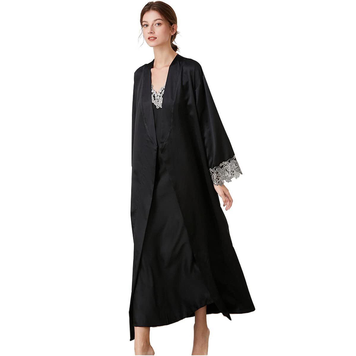 8721 2 Piece Satin Nightgowns And Robe Set Sexy Lace Silk Slip Dress Long